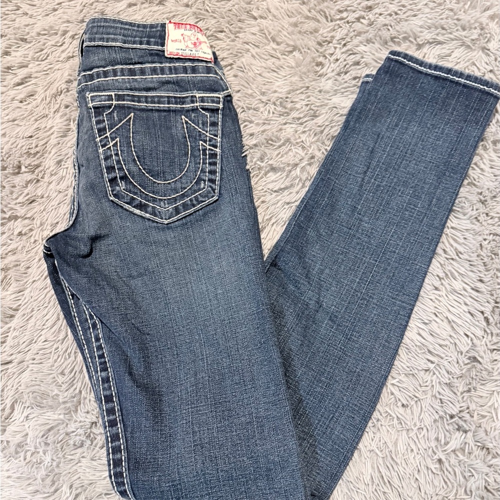 True Religion Women's Medium Wash Skinny Jeans with Contrast Stitching